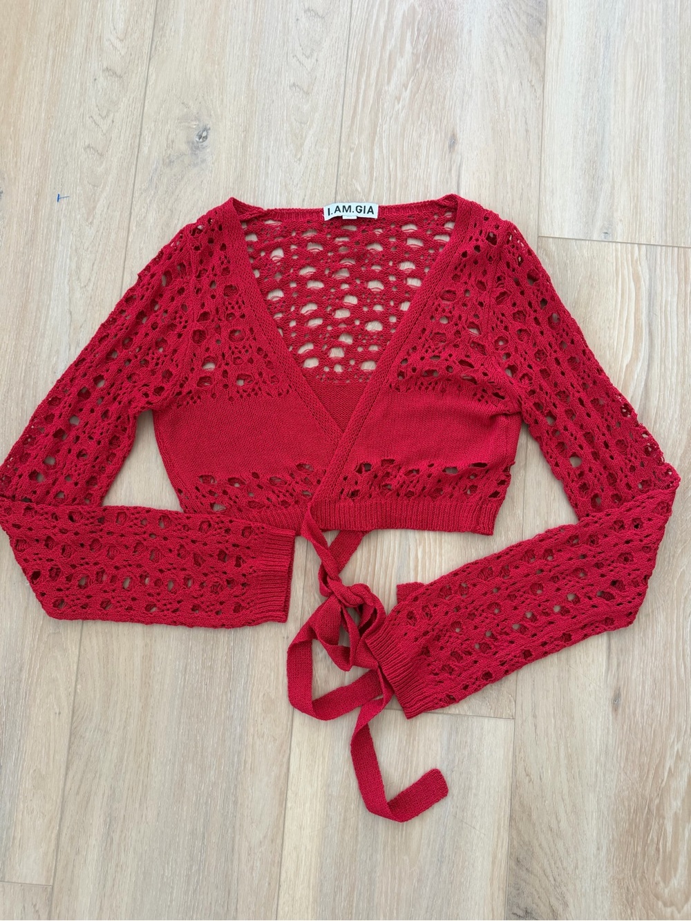 I.AM.GIA Red Crochet Tie-Front Wrap Crop Top